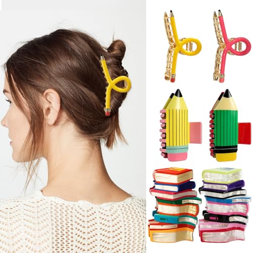 Lyjehervvs 6 Pcs Hair Claw Clips Pencil and Book Shaped Hair Clips for Women Back to School Hair Accessories for Teachers Students Book Lovers Cute Funny Hair Jaw Barrettes Teacher Appreciation Gifts