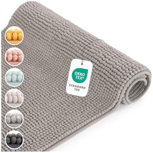 Blumtal Chenille Badezimmerteppich, Badematte rutschfest – Weicher Badvorleger, Badteppich, 50x80 cm, Hellgrau