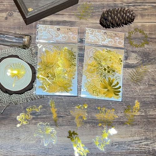 Image of 50PCS Boughs and Flowers Stickers Aesthetic PET Stickers Gold Stamp Decal Waterproof Decorative Decals for Scrapbook DIY Crafts Album Bullet Journal Planner Water Bottles Laptop Phone (Gold Stamp-C)