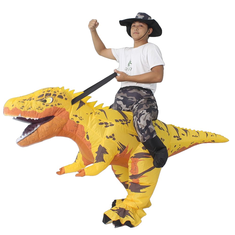 QNRMS Ride on Inflatable Dinosaur Costume Adult Fancy Dinosaur Suit Blow up Trex Costume Full Body Dino Costume For Halloween Cosplay Party Dinosaur Inflatable Costume (Yellow)