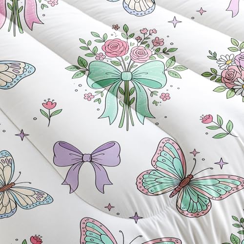 Image of AILONEN Queen Pastel Butterfly Comforter Set, Floral Bouquet Bow Bedding, Mint Rose Garden Decor, Lightweight Cozy Microfiber Luxury Guest Master Bedroom