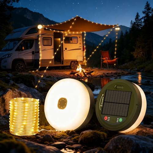 YUNJAYI Solar Camping String Lights 33FT Retractable 4 in 1 Camp Lights with 8 Modes Portable Rechargeable Camp Lamp Camping Lamp Outdoor Waterproof Tent Light for Party RV Hiking