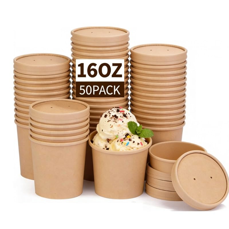 Image of Wuadua 50 Pack 16 oz Ice Cream Containers Paper Food Containers with Lids