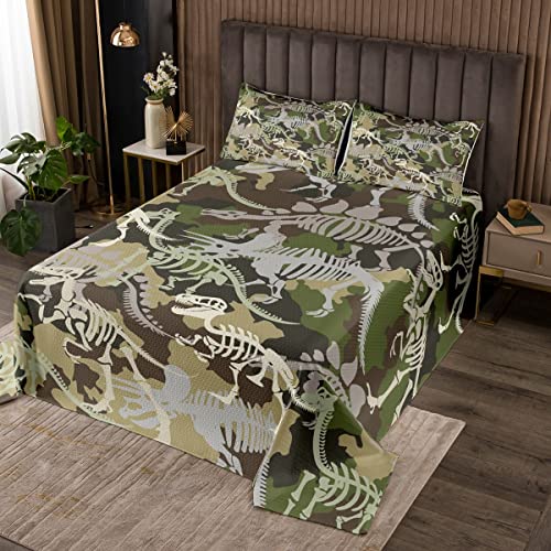 Homemissing Juego de colcha acolchada de dinosaurio de camuflaje verde para niños y niñas, juego de colcha de dinosaurio de la selva, estilo militar, decoración acolchada de dinosaurio, tamaño