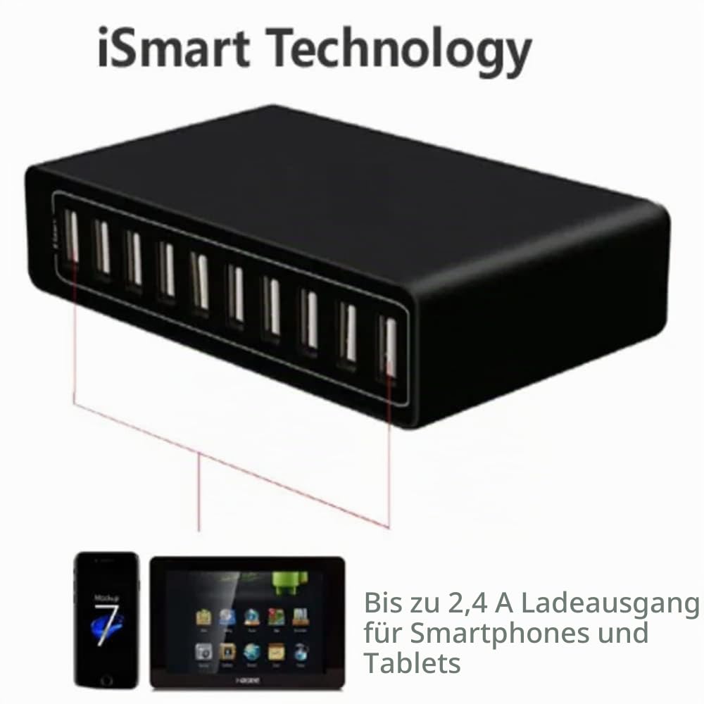 10 Port USB Ladegerät – Bis zu 10 Geräte Gleichzeitig Laden, Kompatibel mit Smartphones, Tablets und Powerbanks