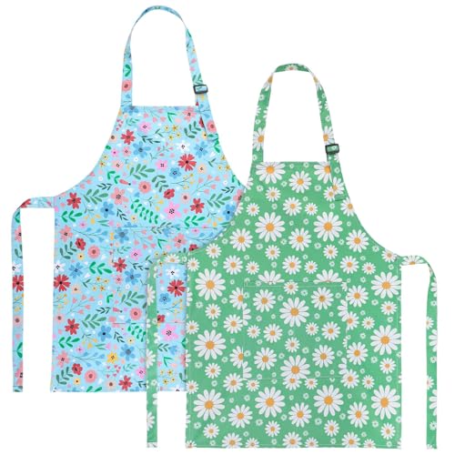 XLSXEXCL 2 Pack Kids Apron, Cute Floral Aprons, kids Aprons for Cooking Waterproof Art Apron with Pockets, Toddler Painting Artist Apron Adjustable for Boys and Girls for Painting Cooking Baking