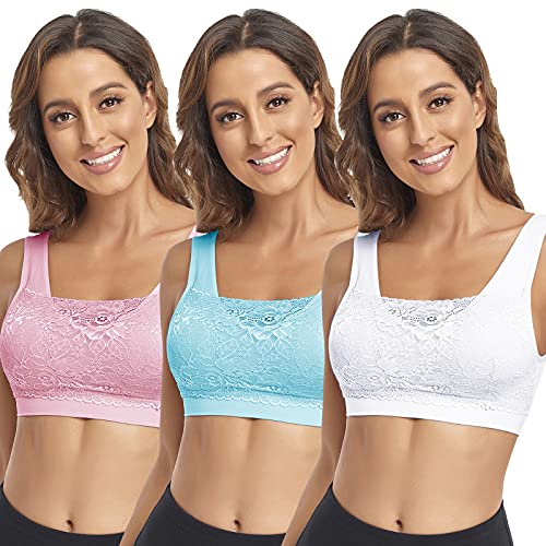 Image of Litthing Lace Bralettes for Women Padded Sports Bra Seamless Plus Size Tank Tops Wirefree Comfort Yoga Cami T Shirt Bras