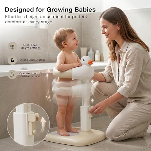 Image of BAYBEE Shower Bath Stand for Baby for 0 - 3 Years for Kids | Duck Design Baby Standing Bath Stand with Adjustable Height & Width | Portable Kids Bathstand with Shower Holder & Anti-Slip Base (Beige)