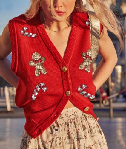 Image of Women Christmas Knit Vest Top Santa Embroidery Sleeveless Button Down Sweater Vest Xmas Snowman Cardigans Tank Top