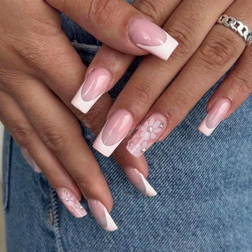 Auriselle 24 pezzi 12 misure Set di unghie finte French bordo bianco Fiori Piccoli strass Unghie finte quadrate incollare artificiali da incollare Donne, Rosa