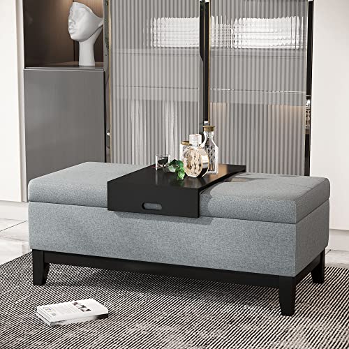 Homcom 42" Rectangular Linen Fabric Storage Ottoman Bench With Removable Tray For Living Room, Entryway, Or Bedroom - Grey #TOP3