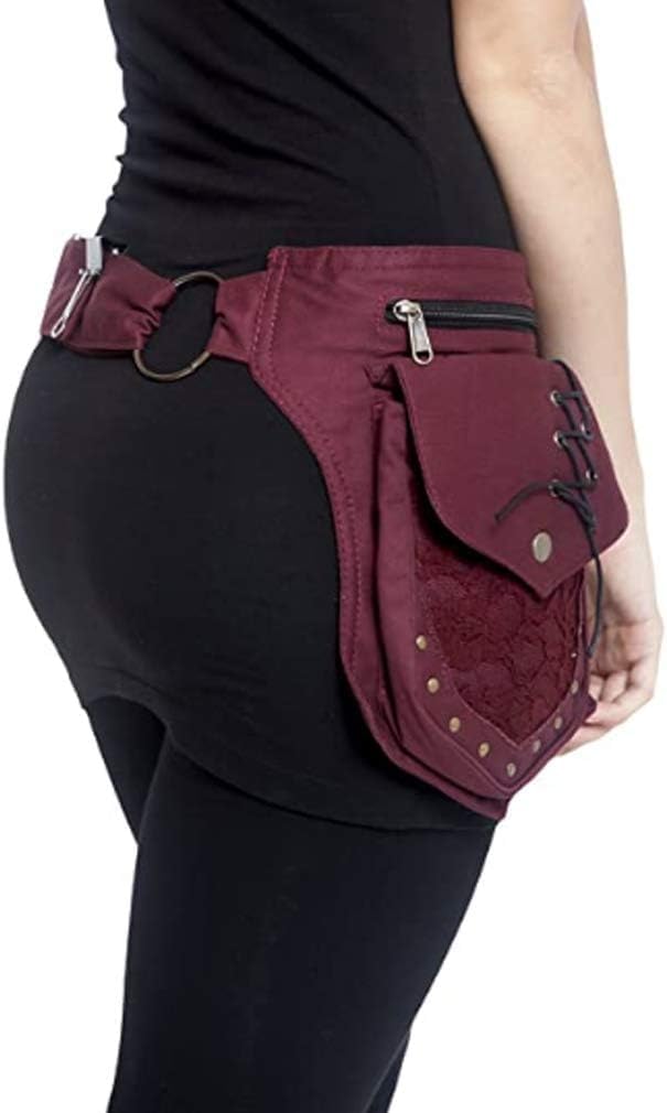 Waist Pack, Renaissance Bag for Women, Maroon Canvas Waist Bags, Thigh Bag with Multiple Pockets, Adjustable Hip Belt Bag for Travel, Work, School, Festival Party - Image 8
