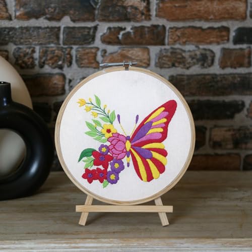 Image of picknMAKE Cross Stitch Embroidery Kit For Beginners & Adult, Featuring A Butterfly With One Side Floral Wings, Printed Fabric, Instructions Papers, Threads & Needles All Materials Included,Multicolor
