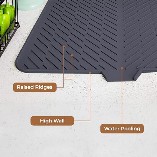 Image of HomeEssentials Silicone Dish Drying Mat for Kitchen - Built-in Drain Lip | Hygienic Drying Pad - Sturdy Compact Easy to Clean Tray Protects Surfaces Prevents Water Build Up - 23 X 17 Inches (Black)