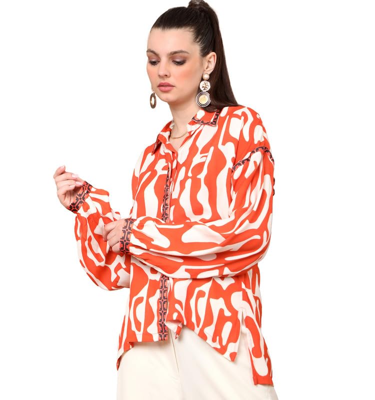 Tops for Women, Fresh Orange Color,Bold Abstract Swirl Print, Stylish Silhouette, Sleek Border Detailing, Girls Summer Clothing.
