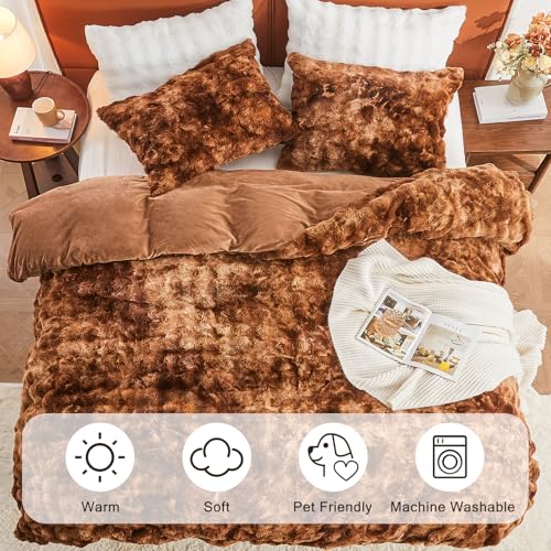 Image of EMME Faux Fur Duvet Cover Queen Size, 3 Pieces Ultra Soft Fluffy Comforter Cover, Cozy Warm for Winter, Luxury Shaggy Bubble Design Bedding, 1 Duvet Cover & 2 Pillow Shams (Queen, Tie Dye Brown)