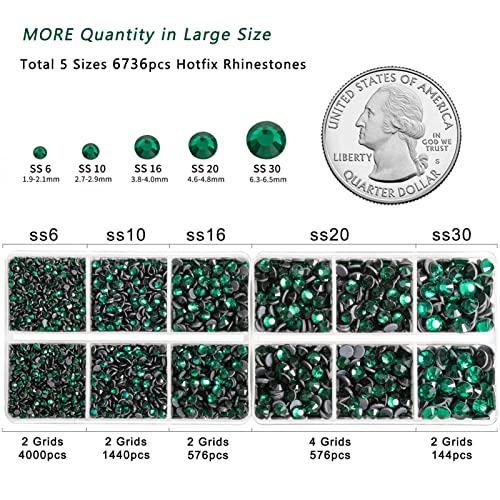 Image of 6736pcs Hotfix Rhinestones Flatback,Green Rhinestones for Crafts Clothes Mixed 5 Sizes, Hotfix Crystals with Tweezers and Wax Pencil Kit, SS6-SS30,Emerald