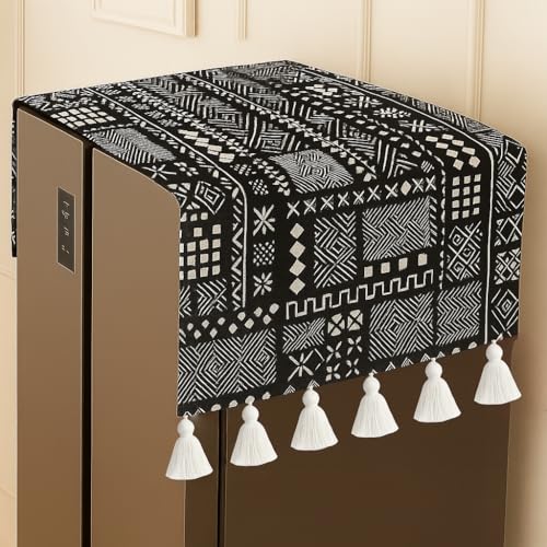 Image of Triple Door Fridge Cover 100-250L | 450 GSM Durable Fridge Top Cover with Tassels & Pockets | Fits Godrej, LG, Haier, Samsung Models | Dustproof Refrigerator Cover in Mud Cloth | WWW.THROWPILLOW.IN
