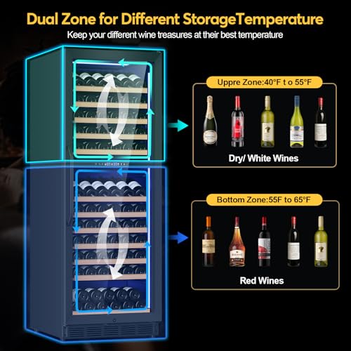 Image of Wine Fridge Dual Zone, Freestanding Wine Cooler Refrigerator 180 Bottles Large Capacity with Sliding Rail Wooden Shelves and Door Lock, Black