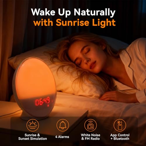 Sunrise Alarm Clock with App Control, White Noise Machine, Dual Alarms, Wake Up Light with Sunrise and Sunset Simulation, FM Radio & Bluetooth Speaker, Coloured Light, USB Powered - Image 3