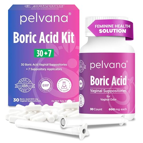Pelvana Boric Acid Suppositories for Women - 30 Count + 7 Applicators - 600mg Boric Acid Capsules for Vaginal Odor Use