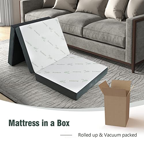 Giantex 4-Inch Tri Folding Mattress, Foam Mattress Topper With Bamboo Fiber Cover & Breathable Mesh Border Fabric, Portable Tri-Fold Camp Mat With Handle For Rv Guest Bed, Cot Size #TOP5
