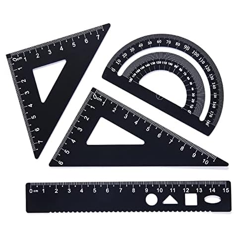 4 Piece Aluminum Alloy Ruler Set Black Straight Triangle Ruler Protractor Drafting Drawing 4 In One Measuring Ruler for Teacher Students Draftsman Engineers Cover