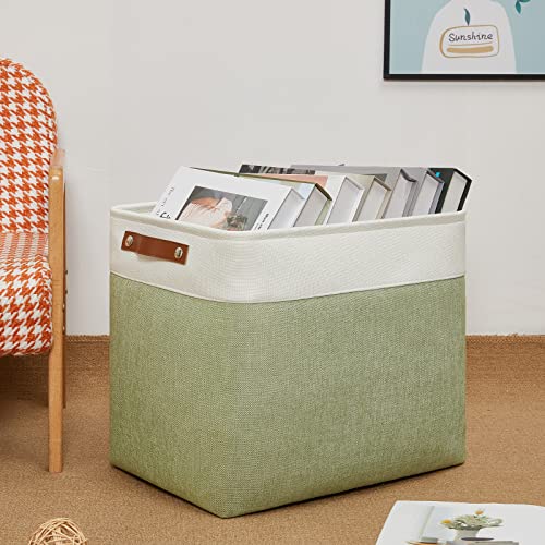 Image of DULLEMELO Large Storage Basket 17 inchx12 inchx15 inch, Fabric Storage Organizer Basket for Storage Clothes, Large Fabric Bin for Organizing Book, Storage Bin with Handles for Storage Toy (White&Green)