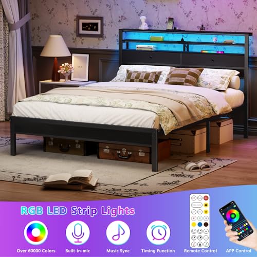 Image of Furnulem Queen Bed Frame with Headboard, Built-in Charging Station | 3-Tier Storage Shelves with LED Lights and 2 Fabric Drawers, Under Bed Storage, No Box Spring Needed, Easy Assembly