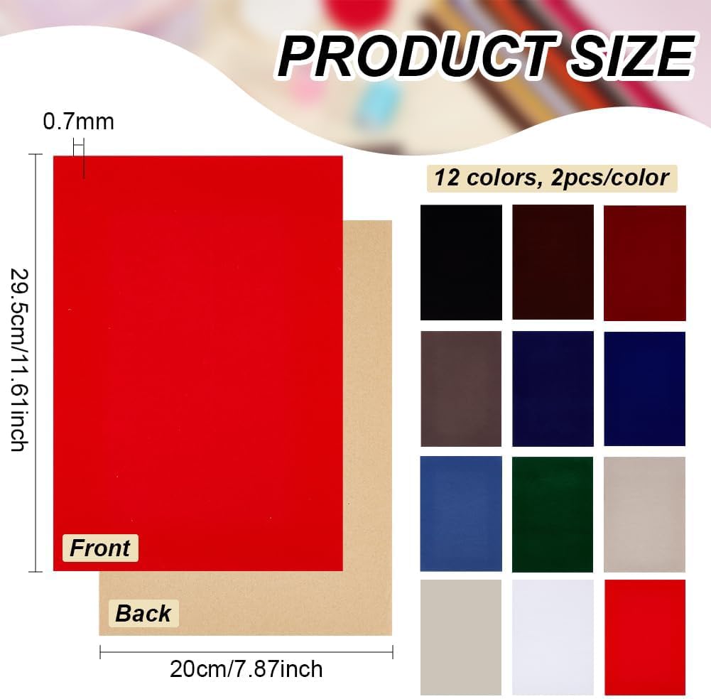 BENECREAT 24Pcs 12 Colors Self-Adhesive Velvet Flocking Liner Sheet, 11.6x7.8inch DIY Flocking Sewing Fabric for Drawer Liner, Jewelry Box, DIY Arts Decoration, 0.7mm Thick