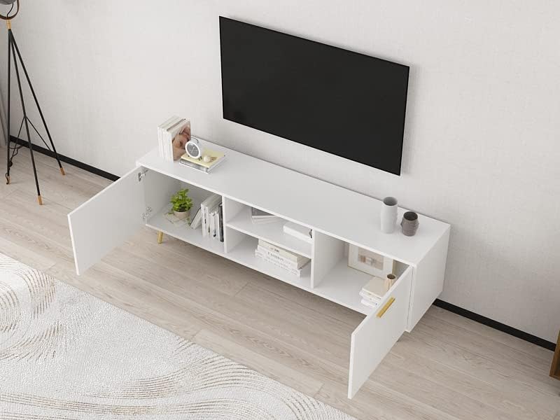 Miniatura 2 de Hitow Mueble de TV de 70 pulgadas, centro de entretenimiento con 2 puertas y estantes abiertos, mesa de consola de sala de estar, gabinete de