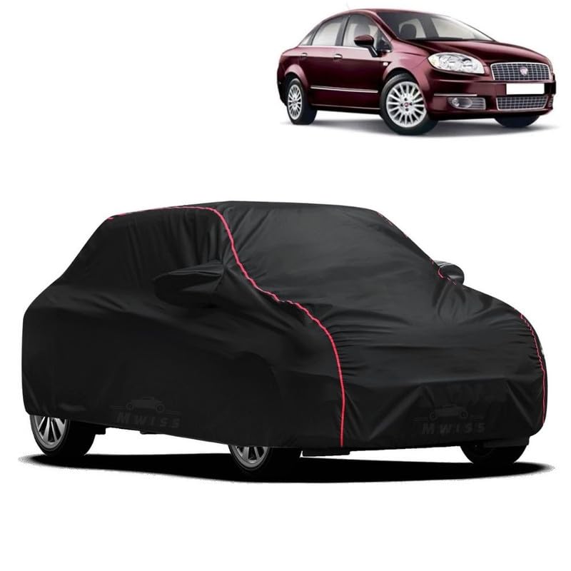 Image of Waterproof Car Cover for Fiat Linea Classic | All-Weather Protection, Dustproof & UV Resistant | Triple Stitched Mirror Pockets, Windproof Buckle Strap with Elastic Hem, Black-Red Piping