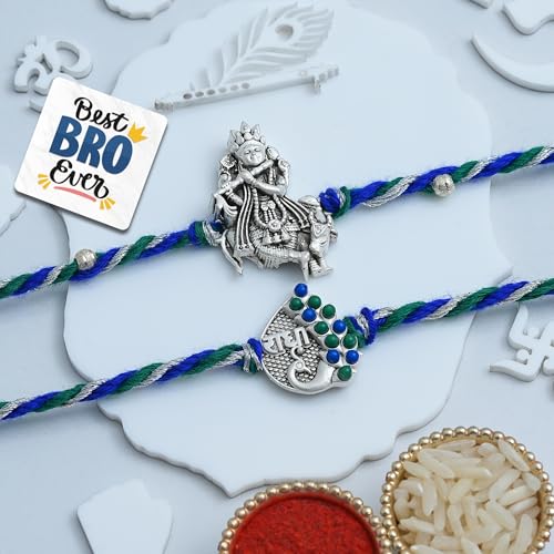 Image of eCraftIndia Lord Krishna Playing Flute Radha Peacock Designer Rakhi Set of 2 | Rakhi for Brother Bhaiya Bhai with Best Bro Ever Fridge Magnet | Roli Chawal Pack