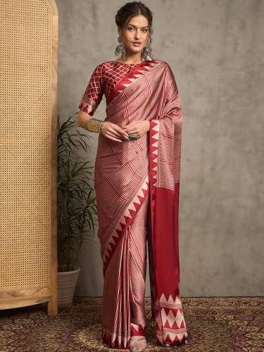 Image of AKHILAM Women's Pure Crepe Striped Printed Saree With Unstitched Blouse Piece