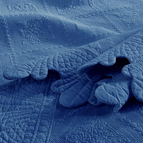 MarCielo 3-Piece 100% Cotton Oversized Bedspread Lightweight Quilt Coverlet Embroidery Farmhouse Bedding Set (Tk Midtone Blue, Oversized Queen (100"x106"))