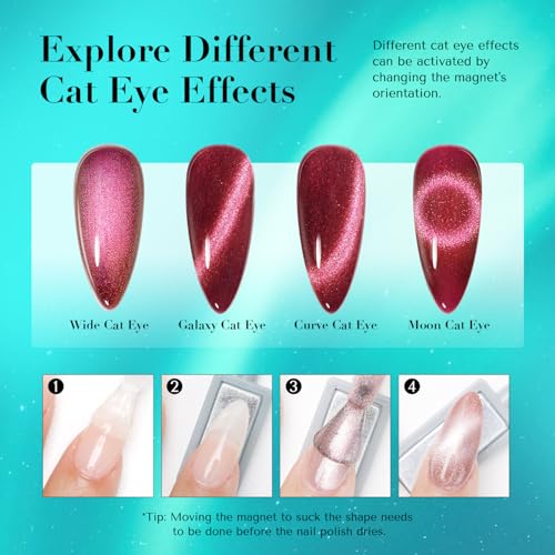 Image of AZUREBEAUTY Cat Eye Magnetic Nail Polish Set, Quick Dry Non-Gel Holographic Fingernail Mooncat Polish with Top Coat, 4 Colors (Red, Purple, Green, Teal), DIY Salon at Home Manicure for Women