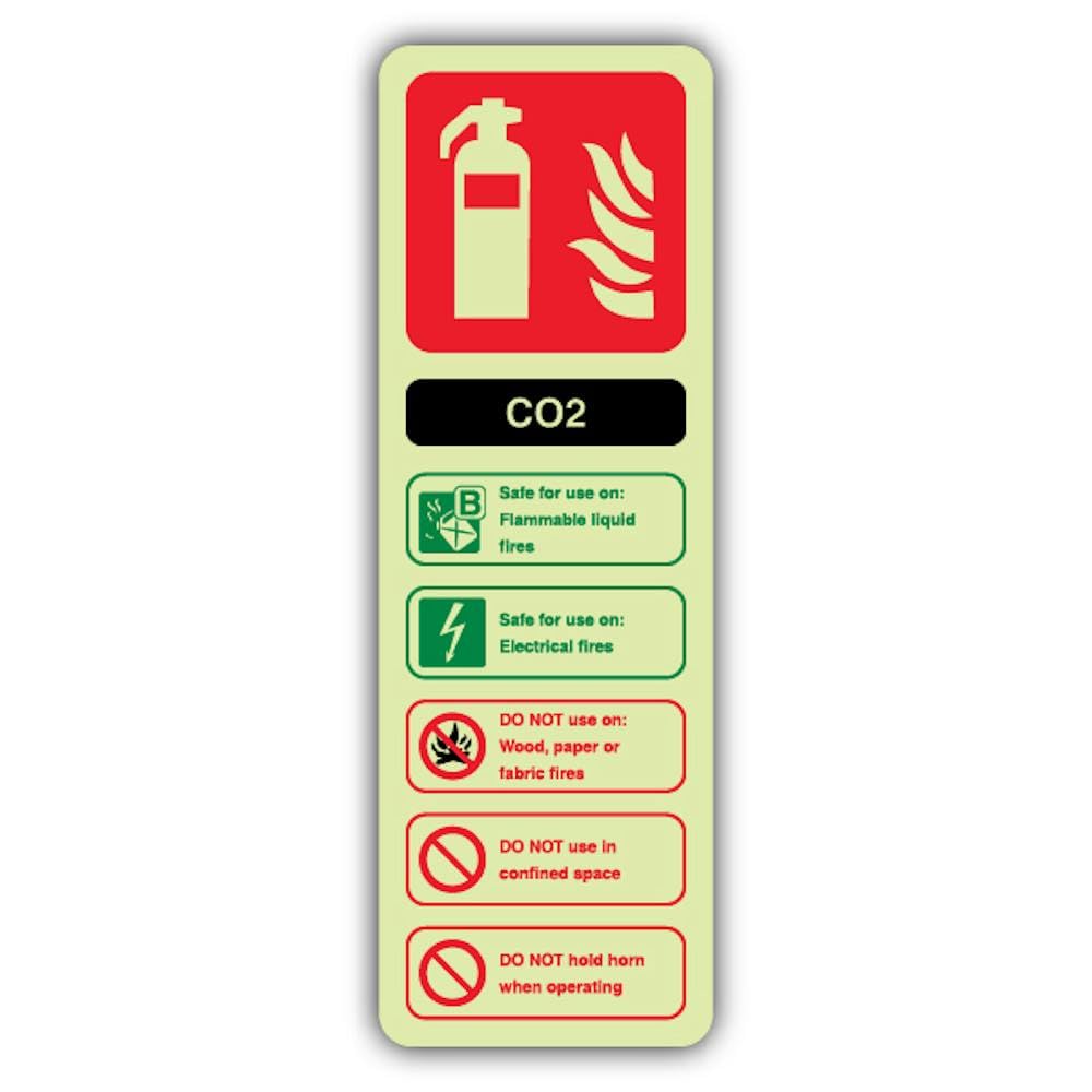 V Safety Photoluminescent CO2 Fire Extinguisher Safety Sign - 100 x 300 mm - 1.2mm Rigid Plastic - Triple Glow