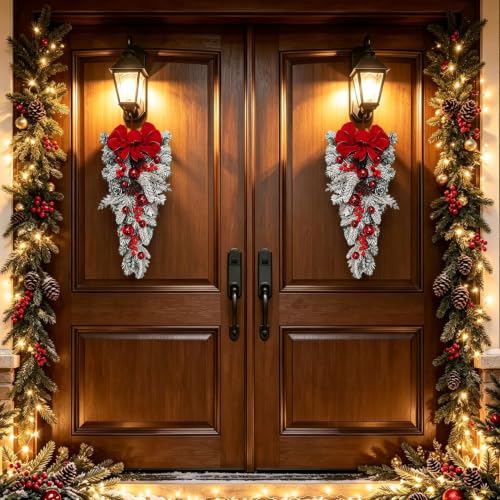 23.6'' Red Bow & Artificial Plants Christmas Wreaths for Front Door Decor - image 6
