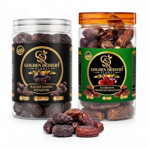 Image of Golden Dessert Global Premium Kalmi Jumbo & Mabroom Dates Combo Pack | Naturally Sweet Seeded Khajoor | Healthy Dry Fruit Snack | No Added Sugar | No Preservatives | Premium Quality Dates Gift Pack