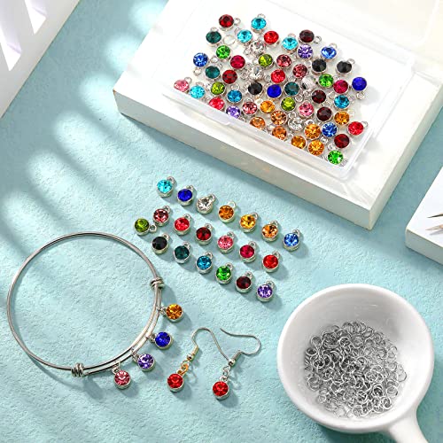 Sureio 80 Pieces Crystal Birthstone Charms with 200 Jump Ring Handmade DIY Beads Pendant Mixed Color Birthstones for Jewelry Making Round Charms for Bracelets Necklaces Jewelry Findings (Vivid Color)