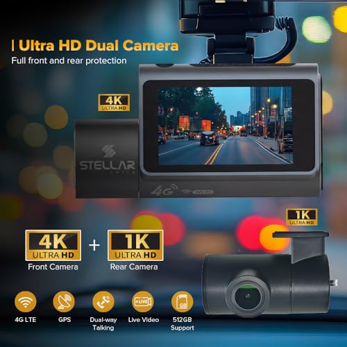 Image of STELLAR DRIVE SD-4G Live Ultra 4K Dash Cam for Car | Dual Camera Front & Rear with 4G LTE, GPS Tracking & Live Monitoring, WiFi App Control, Night Vision
