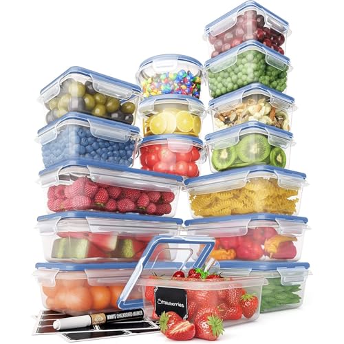 Chef's Path 32 Piece Airtight Food Storage Containers with Royal Blue Easy Snap Lids, 16 Containers and Lids, Stackable Kitchen and Pantry Canisters for Meal Prep and Food Storage -Transparent