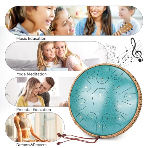 Image of Steel Tongue Drum-14 Inch 15 Notes Tongue Drums, Steel Drum Instrument for Adults, Handpan Drums with Music Book, Handpan Drum Mallet, and Carry Bag, C Major (Malachite Green)