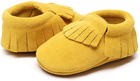 HONGTEYA Leather Baby Moccasins Hard Soled Tassel Crib Toddler Shoes for Boys and Girls (0-6 Months/4.33inch, Suede Yellow)