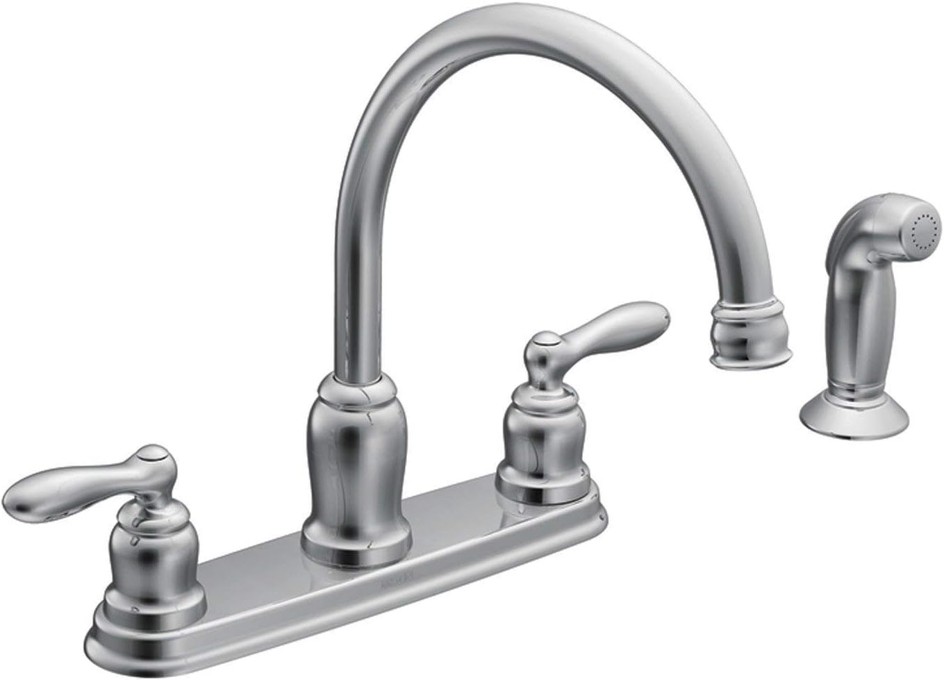 Moen CA87888 Caldwell Collection High-Arc Kitchen Faucet in Chrome finish with two handles and a side spray.
