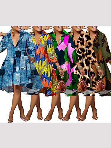 Eqqzd African Vintage Dress For Women 3/4 Sleeve High Waist V Neck Casual Printed Shirt Dresses With Pockets #TOP5