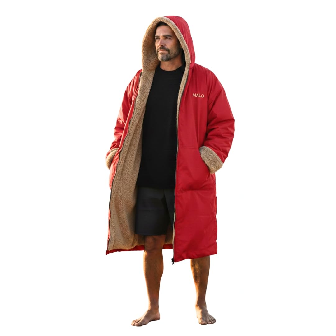 Malo’o Adult Sherpa Lined Surf Parka Changing Robe, Waterproof &amp; Windproof Swim Parka, Long Sleeve Hooded Dry Robe