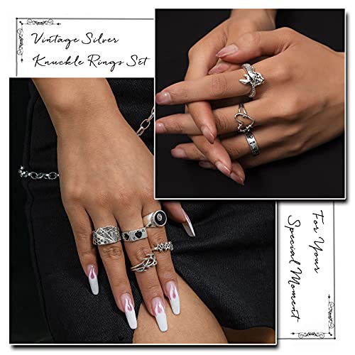 Image of IFKM Vintage Silver Knuckle Rings Set for Women, Stackable Joint Finger Statement Rings Bohemian Retro Hollow Carved Midi Rings, Boho Halloween Skeleton Skull Snake Heart Chunky Stacking Rings Pack