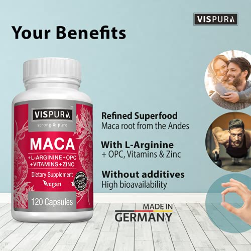 Vispura Maca Root Capsules 5000 Mg + L-Arginine, Vitamins B6 + B12, Opc And Zinc, Energy Boosting Formula* For Men And Women, 120 Vegan Tablets With Organic Maca Peruana Extract #TOP1