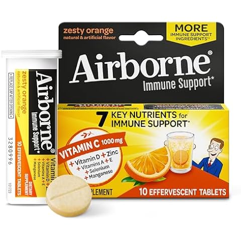 Airborne 1000mg Vitamin C with Zinc Effervescent Tablets, Immune Support Supplement with Powerful Antioxidants Vitamins A C & E - 10 Fizzy Drink Tablets, Zesty Orange Flavor Cover